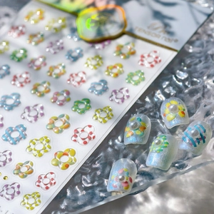 3D embossed floral nail art stickers in vibrant jelly colors on acrylic display board
