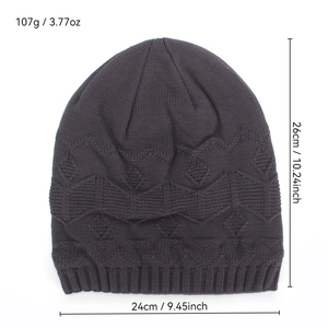 Mens thick winter beanie with geometric knit texture and fleece lining measurements
