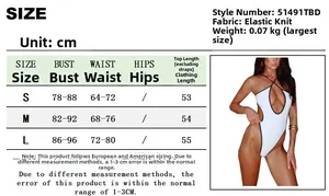 Size chart for backless lace-up swimwear showing bust and waist measurements in cm