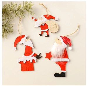 Detailed view of three wooden Santa Claus ornaments with natural wood grain and plush beards