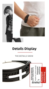 Detail show of men's black braided leather bracelet with silver steel cross ornament