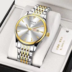 Men's business quartz watch with two-tone steel band and dual day-date display