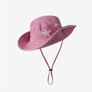 Pink western cowboy hat with white star patches and adjustable windproof strap