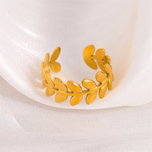 Adjustable 18K gold stainless steel olive leaf open ring on white silk background