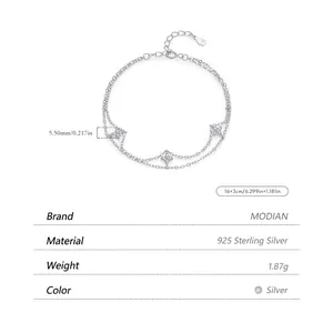 S925 sterling silver double-layer bracelet with sparkling clover pendants on white background