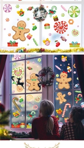 Christmas window stickers featuring gingerbread man, candy cane and festive holiday scenes