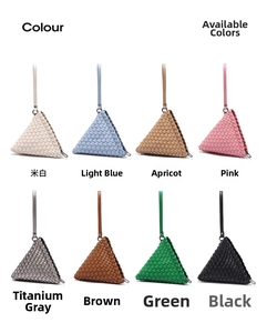 Detailed grid view of mini woven pyramid bags in eight various colors with wrist straps