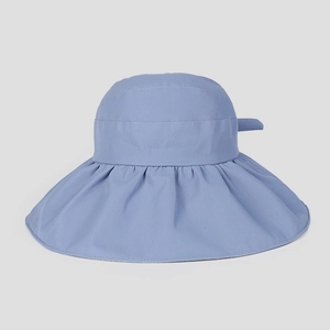 Detail of light blue sun hat featuring wide ruffled brim and premium stitching craftsmanship