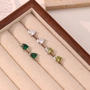 Minimalist triangle cut crystal stud earrings with silver metal base in three colors