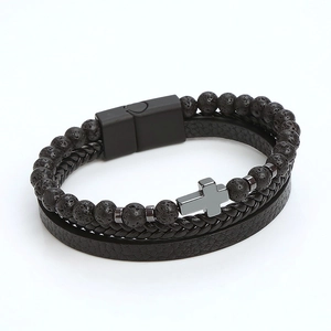 Men's multilayer stainless steel bracelet with lava stone beads and black metal cross