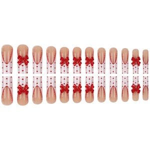 Long coffin press-on nails with red heart patterns and 3D bows for Valentine's Day