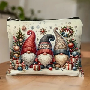 Close-up of a Christmas gnome makeup bag on a light wood surface with festive printing
