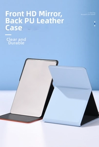 Detail view of foldable PU leather makeup mirror with light blue morandi finish