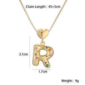 Detail of 18K gold plated letter R pendant with multi-color zircons and size info