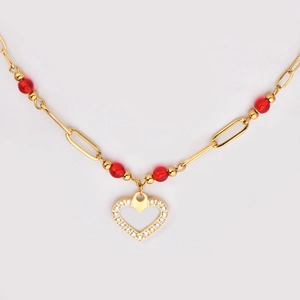 18k gold plated stainless steel heart necklace with red beads and zircon pendant