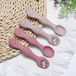 Silicone Baby Training Spoon And Teether Soft Food Grade Feeding Utensils For Infants Toddlers Non Slip Paw Handle