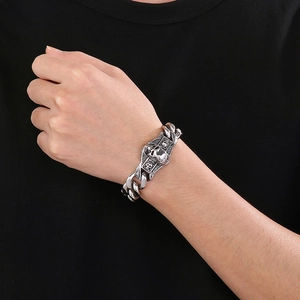Bracelet chaîne cubaine rétro pour hommes en acier avec design de crâne vintage