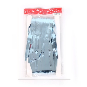 Blue foil fringe curtain packaging details showing 1Mx2M dimensions and product weight