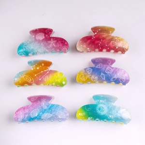 Set of 6 colorful gradient hair claws with marble texture and celestial sea prints