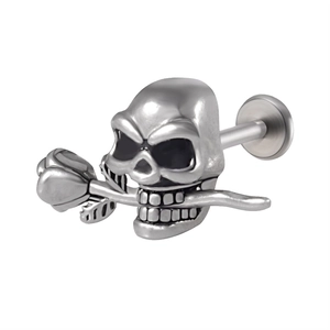 Silver stainless steel labret stud featuring a unique skull biting a rose design