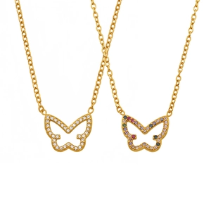 Elegant gold stainless steel butterfly necklaces with white and colorful zircon crystals
