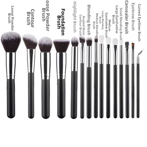 Close-up of 15-piece professional makeup brush set with wooden handles and silver ferrules