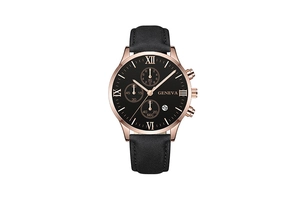 Detailed close-up of Geneva men's watch with Roman numerals and three-eye dial