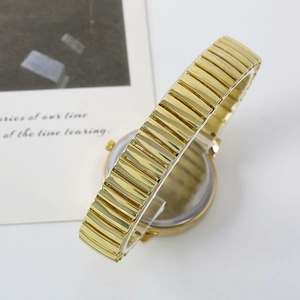 Macro shot of gold expansion band textures and smooth back case of the quartz watch