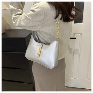 Detail of silver metallic handbag featuring a gold chain strap and sleek metal clasp