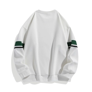 Men's relaxed fit white crewneck sweatshirt featuring retro green striped sleeve detail