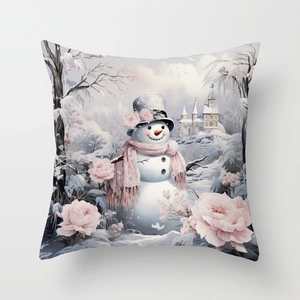 Detail of Christmas snowman pillowcase featuring floral hat and winter castle illustration