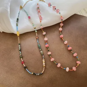 Handmade stainless steel beaded necklace with colorful natural stone and agate beads