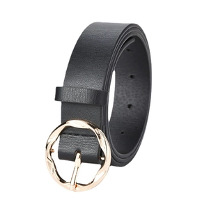 Women's black leather belt featuring an irregular gold metal ring buckle on white background