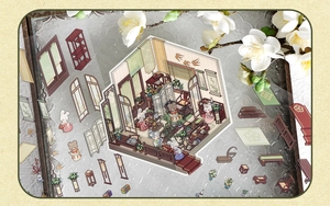 3D miniature Chinese style PET transparent stickers showing indoor scene with cute animals