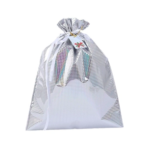 Silver holographic laser drawstring gift bag with white ribbon and decorative tag