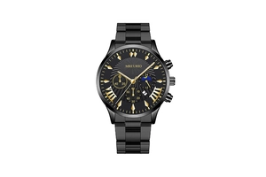 Detail view of the black and gold chronograph watch face with sunburst dial and markers
