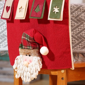 Christmas chair cover featuring 3D Santa Claus with hanging felt ornaments and red texture