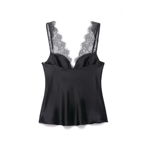 Caraco En Satin Avec Dentelle Sexy Col En V Bretelles Spaghetti Sans Manches Débardeur Soyeux Noir