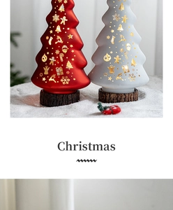 Detail of red and white glass Christmas trees with gold patterns on wooden bases