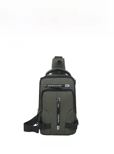Detailed front view of olive green waterproof crossbody sling bag with multiple zippers