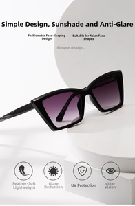 Detail of black cat-eye sunglasses with purple gradient lenses on a minimalist stand
