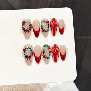 Christmas Press On Nails Red Bow Holiday Wreath Hand Painted Long Almond Shape Glossy Reusable Festive Manicure For Women
