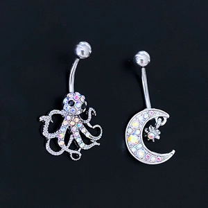 Belly Ring Octopus Star Moon Heart Pendant Stainless Steel Colorful Cubic Zirconia Dangle Navel Piercing Western Style Jewelry