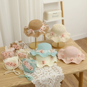 Chapeau De Paille Pour Enfants Filles Sac À Bandoulière Doux Nœud En Maille Bord Ondulé Été Plage Protection Solaire
