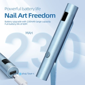 Detail of blue aluminum nail drill with LCD screen and Type-C charging port