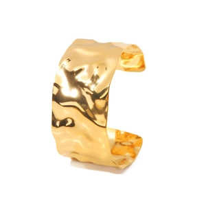 Modern wide open cuff bracelet with hammered 18K gold plated stainless steel texture