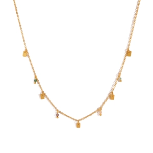 Bohemian gold chain necklace featuring irregular green and purple beads with square charms