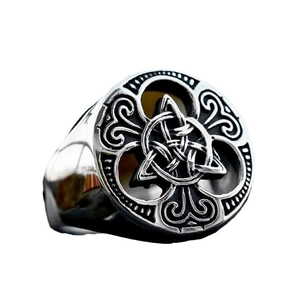 Vintage stainless steel Viking Celtic knot ring with triquetra pattern and antique finish