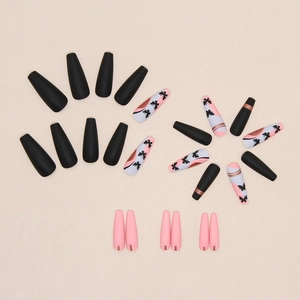 Matte black and pink long coffin press-on nails with butterfly patterns and metallic stripes