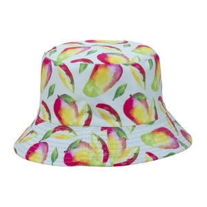 Harajuku style bucket hat with tropical mango fruit print and wide brim sun protection